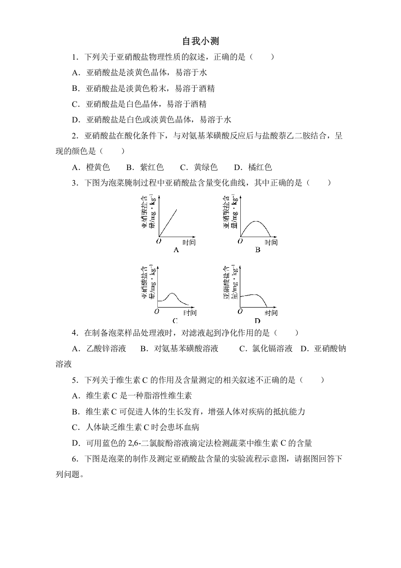 生物（苏教版）选修1同步自我小测：测定发酵食品中的特定成分