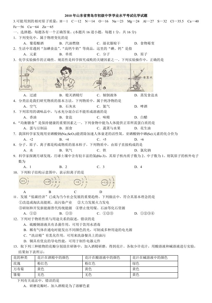 山东省青岛市初级中学学业水平考试化学试题