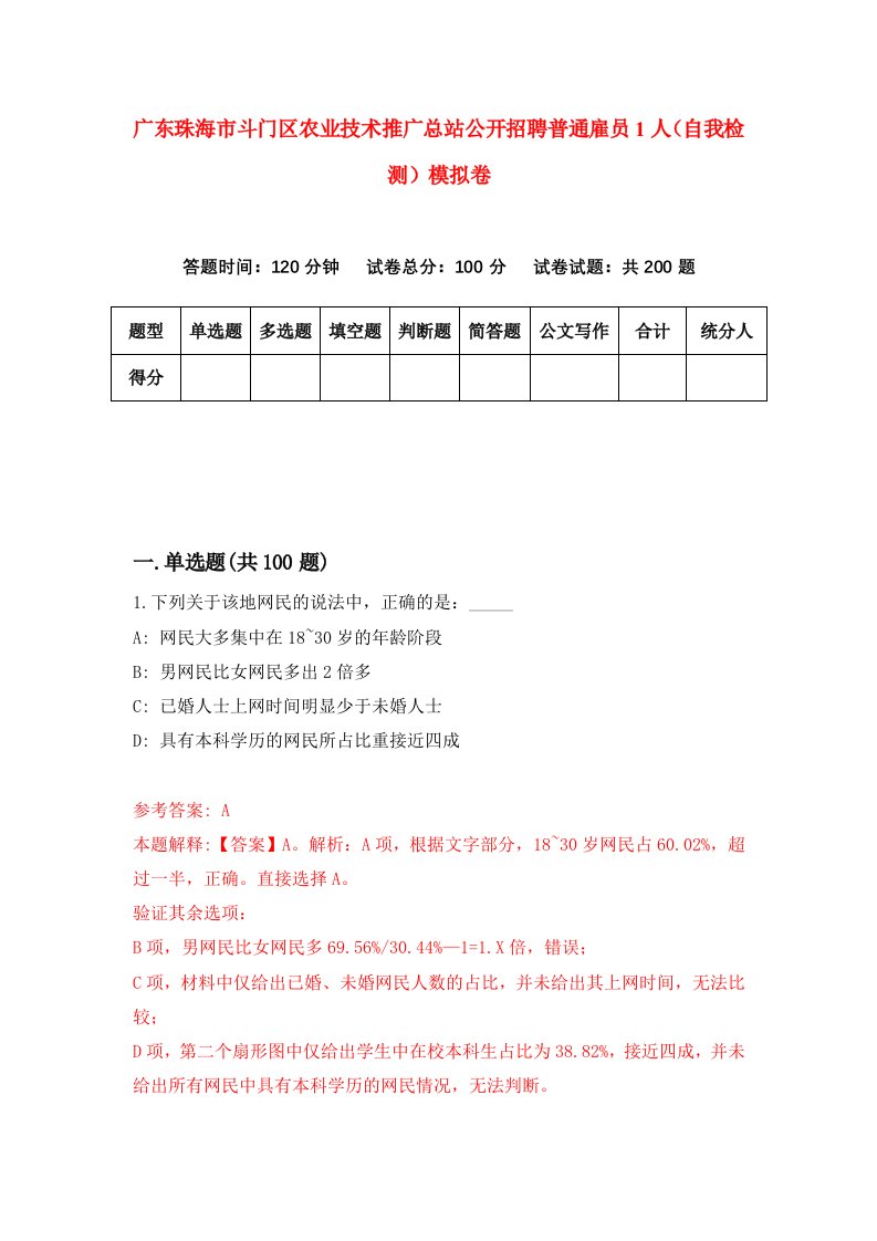 广东珠海市斗门区农业技术推广总站公开招聘普通雇员1人自我检测模拟卷第8卷