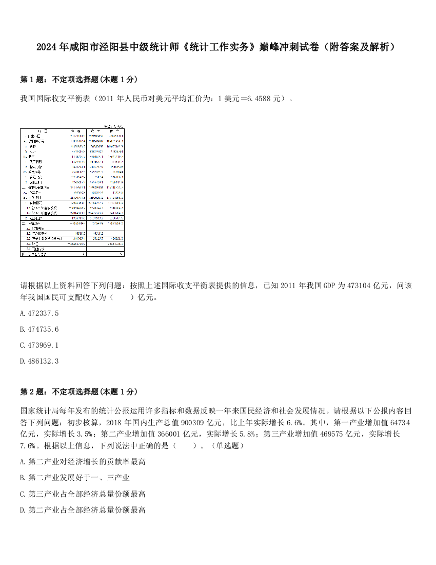 2024年咸阳市泾阳县中级统计师《统计工作实务》巅峰冲刺试卷（附答案及解析）