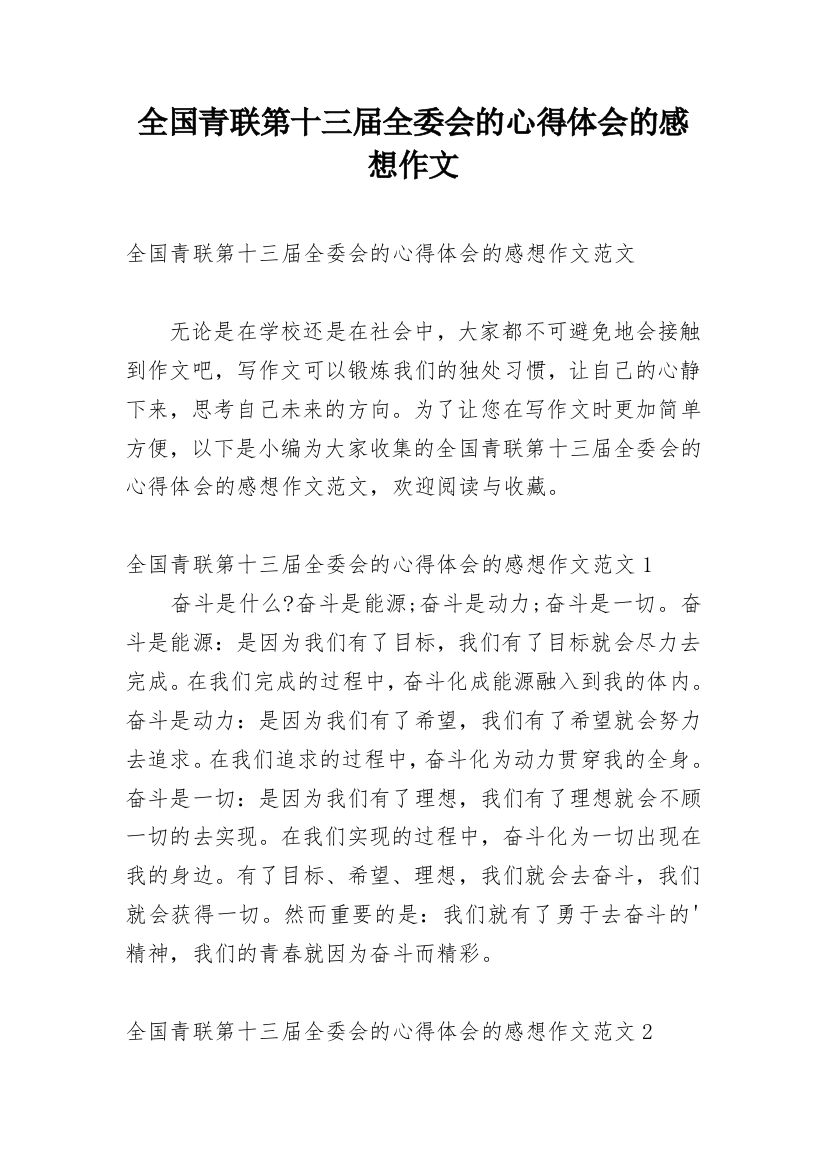 全国青联第十三届全委会的心得体会的感想作文