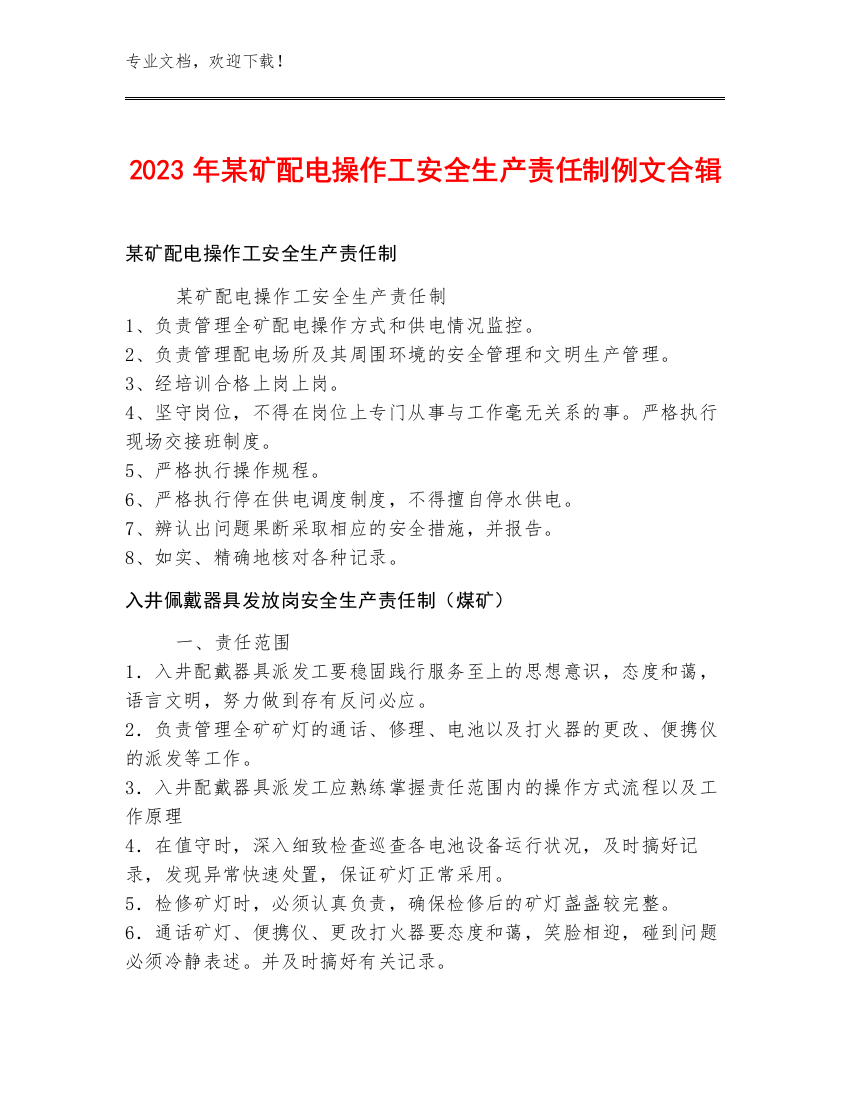 2023年某矿配电操作工安全生产责任制例文合辑