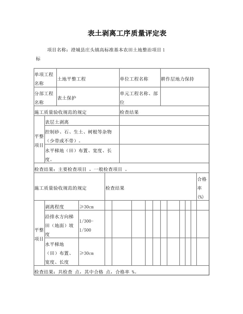 表土剥离工序质量评定表