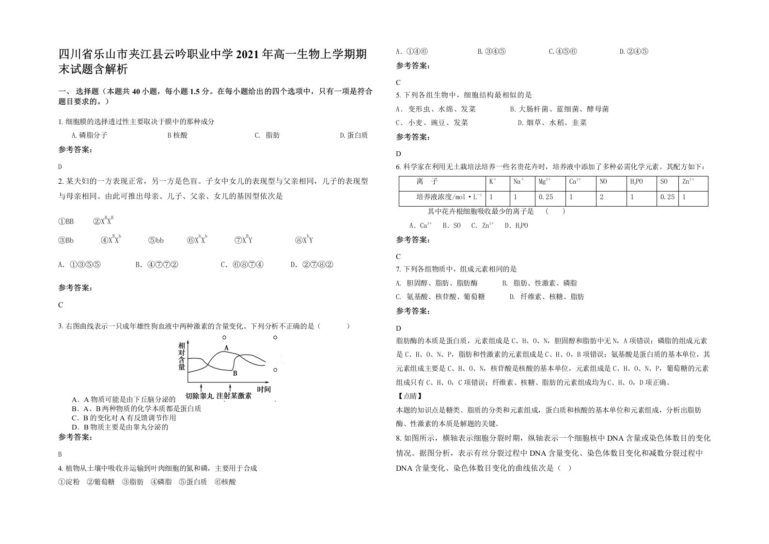 四川省乐山市夹江县云吟职业中学2021年高一生物上学期期末试题含解析