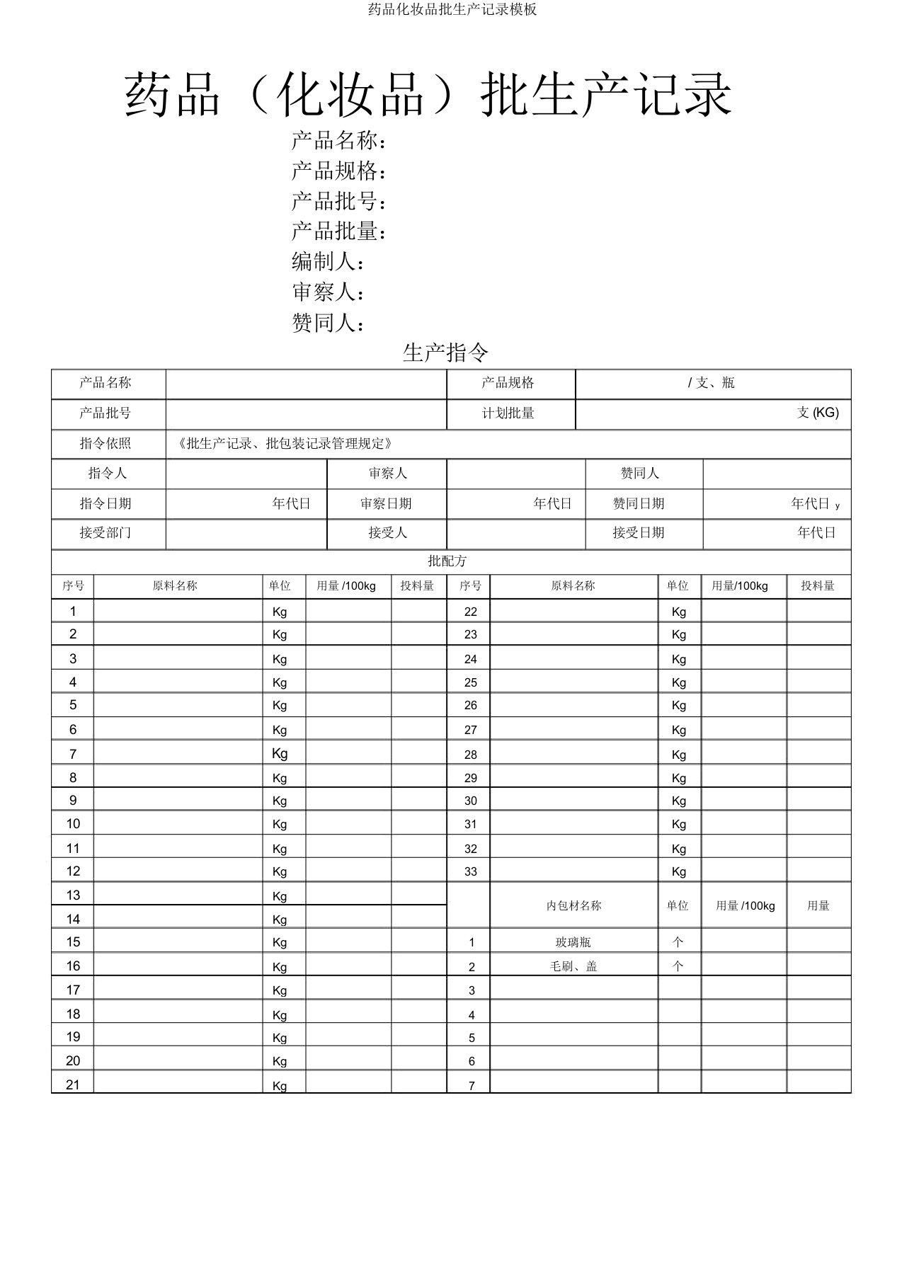 药品化妆品批生产记录模板