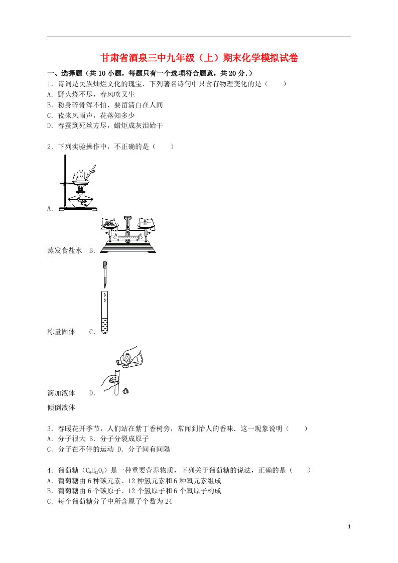 甘肃省酒泉三中九级化学上学期期末模拟试题（含解析）