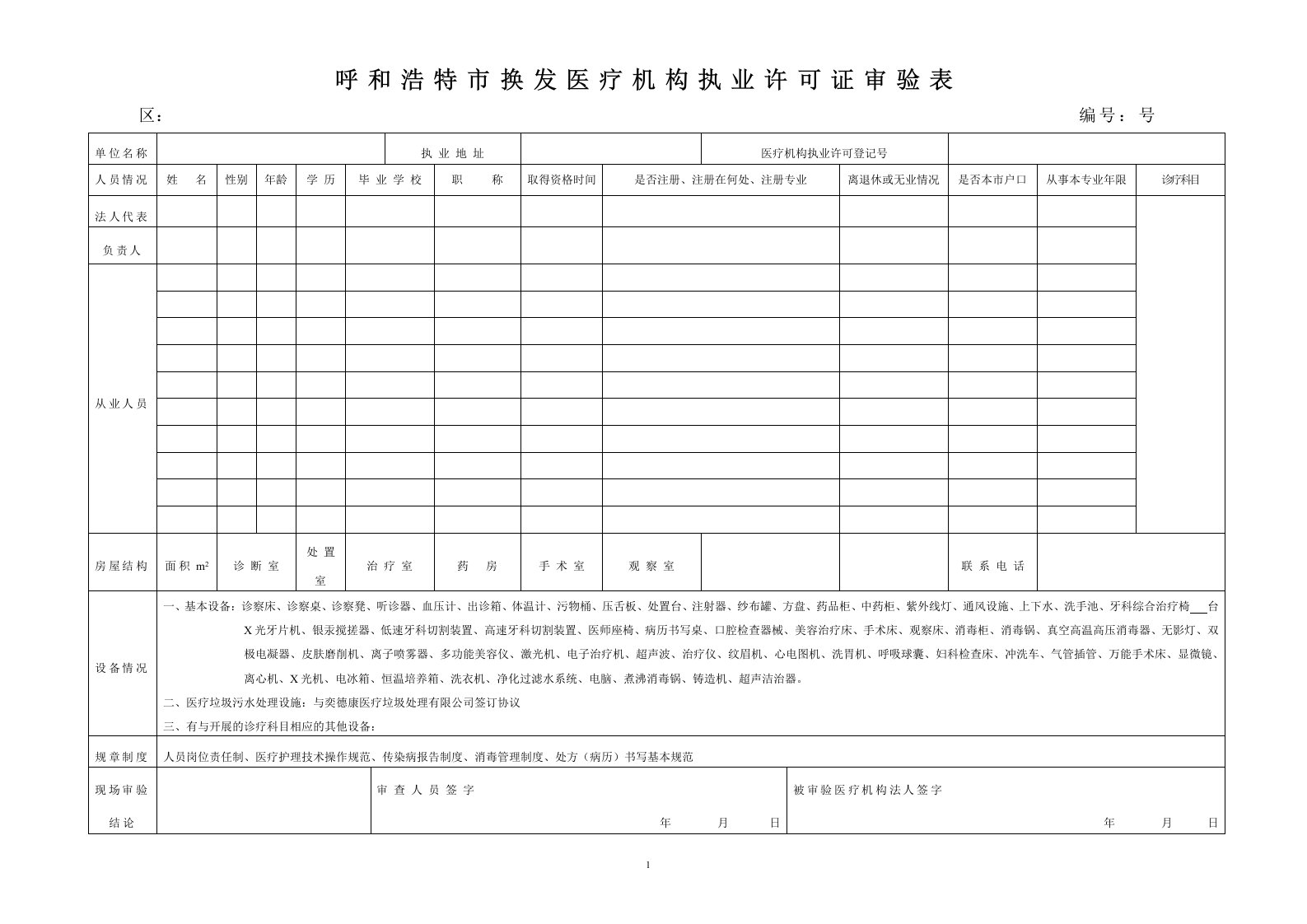 呼和浩特市换发医疗机构执业许可证审验表