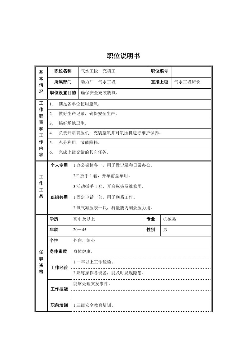 气水工段充填工长岗位职责