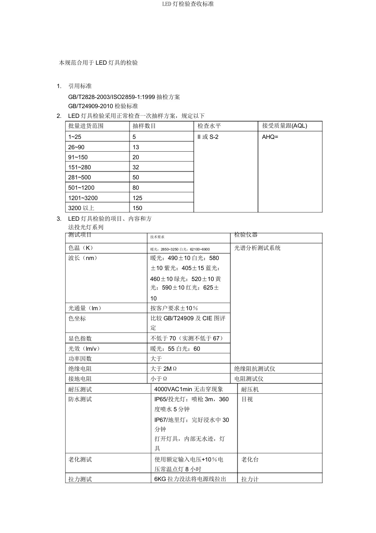 LED灯检验验收标准