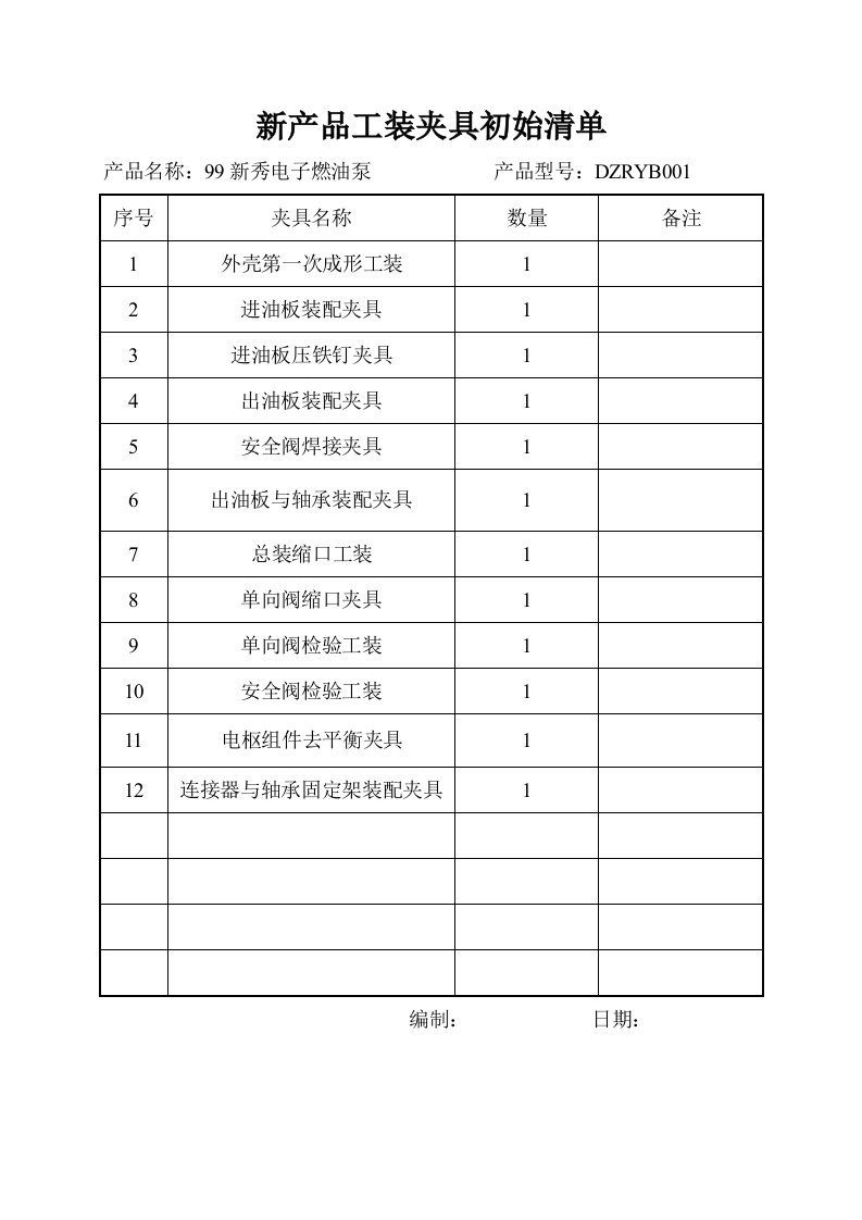 仪表公司新產品工裝初始清單-机械机电