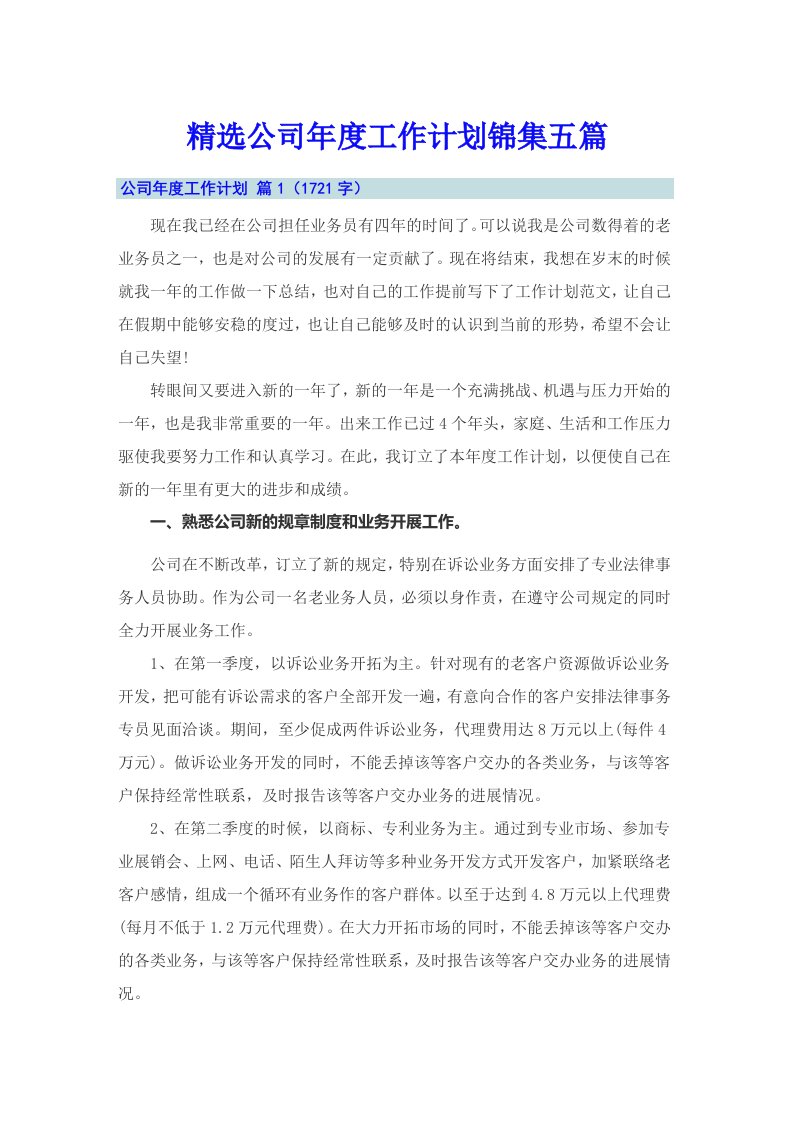 精选公司年度工作计划锦集五篇