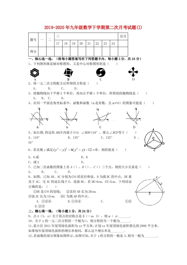 2019-2020年九年级数学下学期第二次月考试题(I)