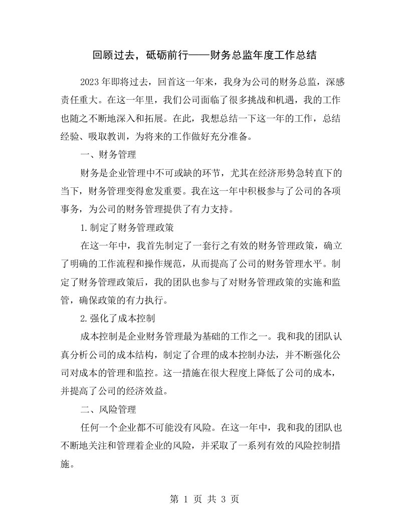 回顾过去，砥砺前行——财务总监年度工作总结