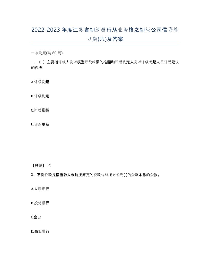 2022-2023年度江苏省初级银行从业资格之初级公司信贷练习题六及答案