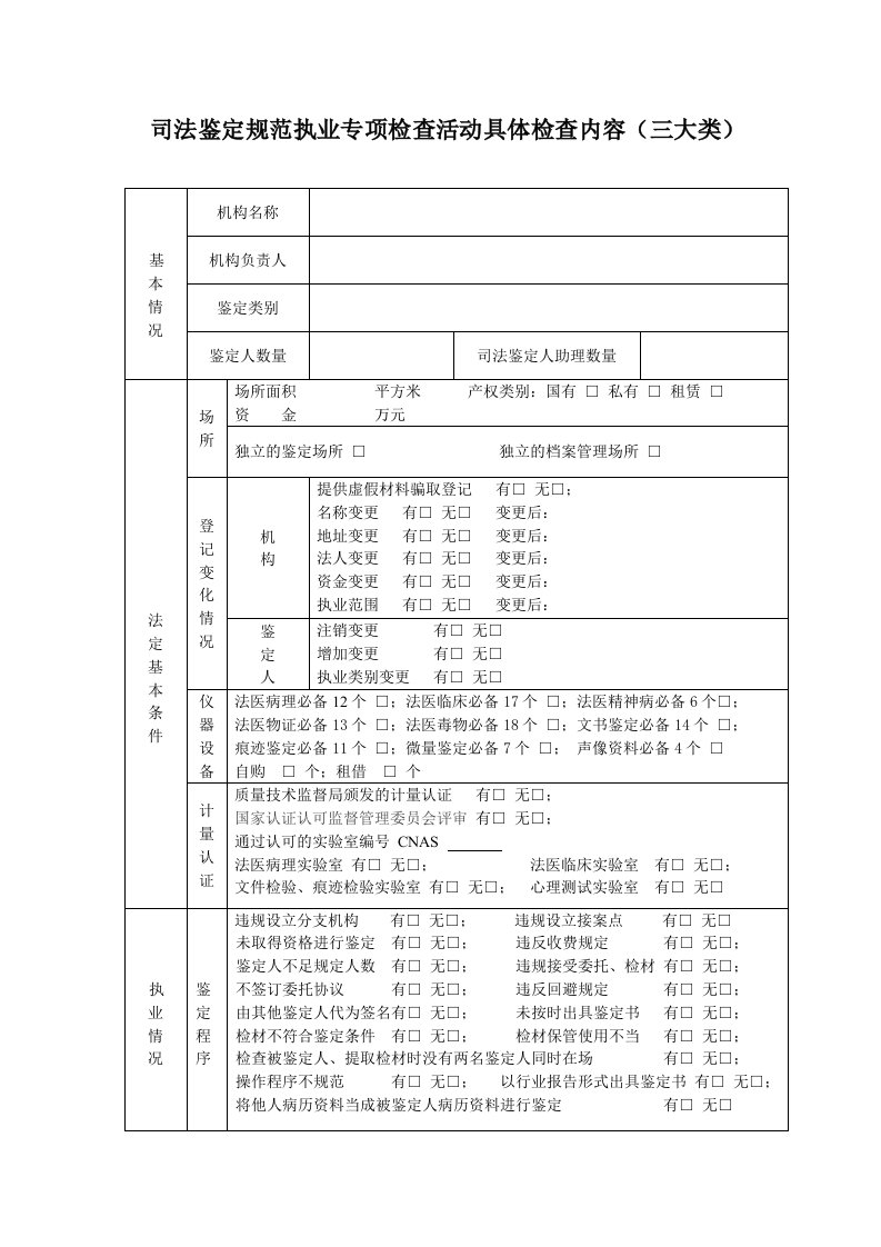 司法鉴定规范执业专项检查活动检查表