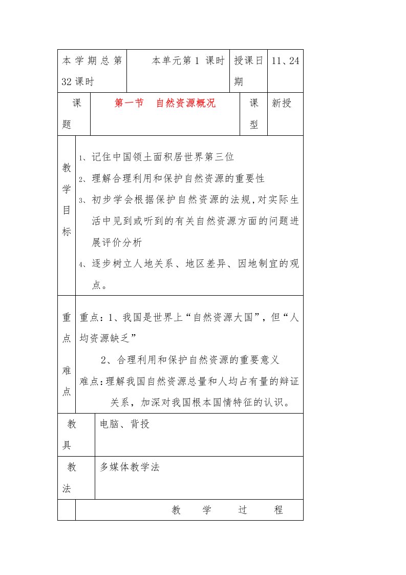 八年级地理上册第一节《自然资源概况》教案1湘教版