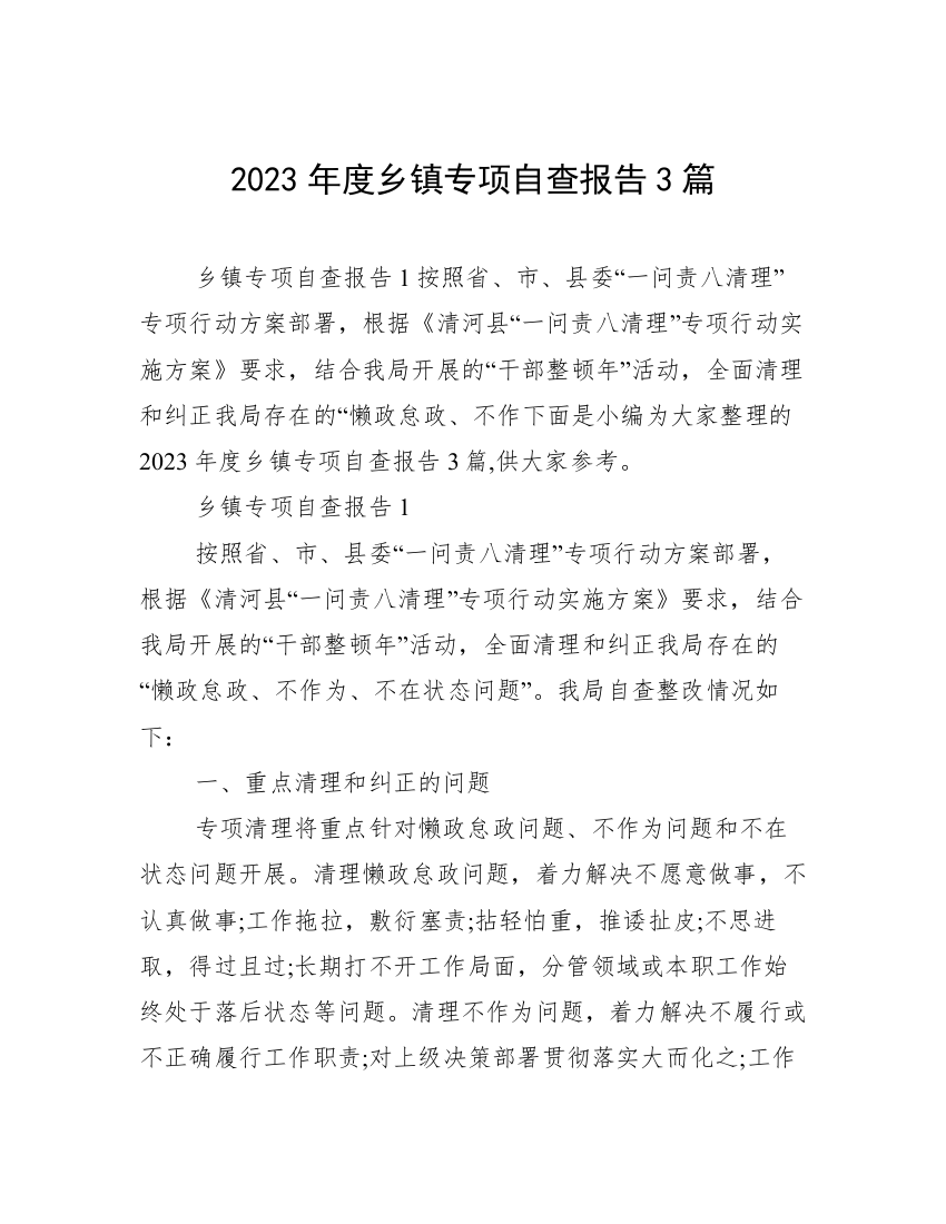 2023年度乡镇专项自查报告3篇