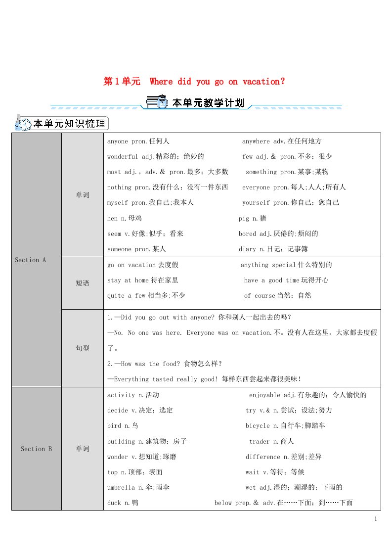 2023八年级英语上册Unit1WheredidyougoonvacationSectionA第1课时导学案新版人教新目标版