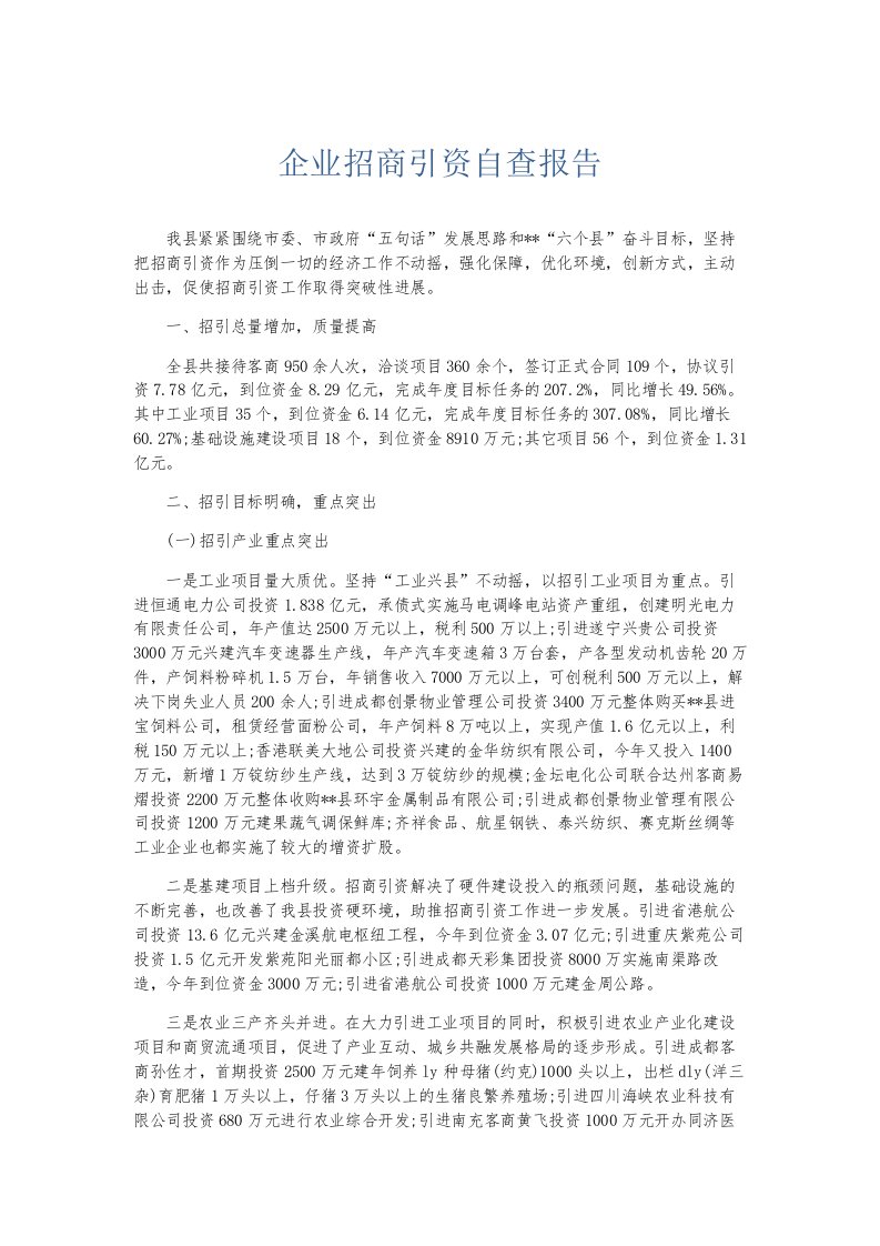 总结报告企业招商引资自查报告