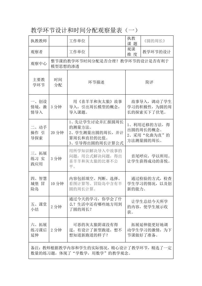 小学数学六年级上册《圆的周长》数学观课报告