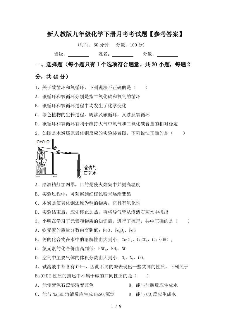 新人教版九年级化学下册月考考试题参考答案