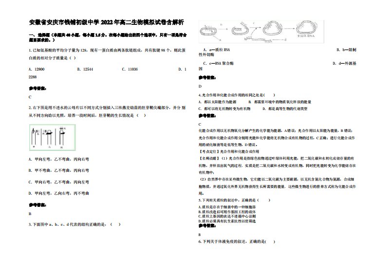 安徽省安庆市钱铺初级中学2022年高二生物模拟试卷含解析