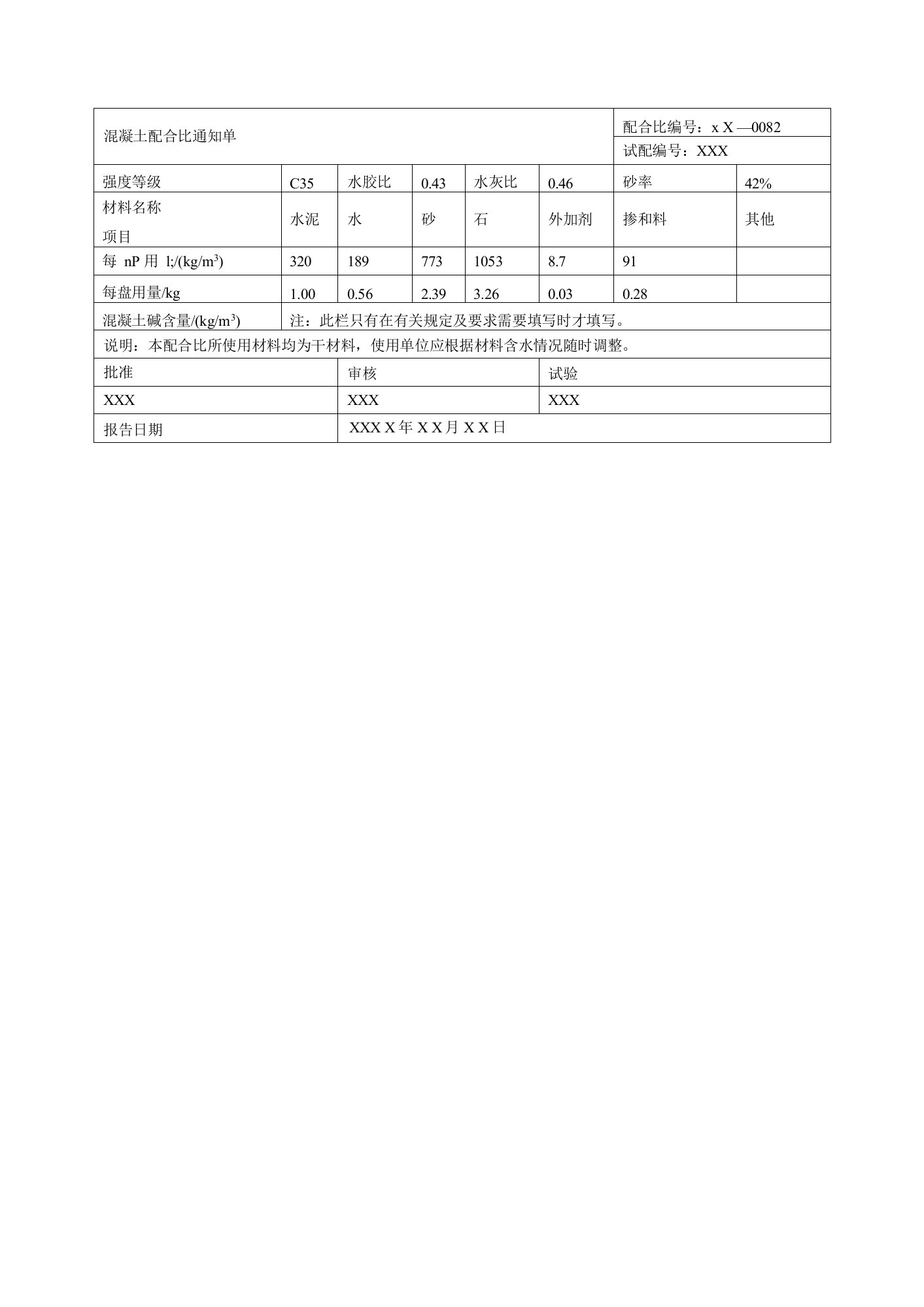 混凝土配合比通知单