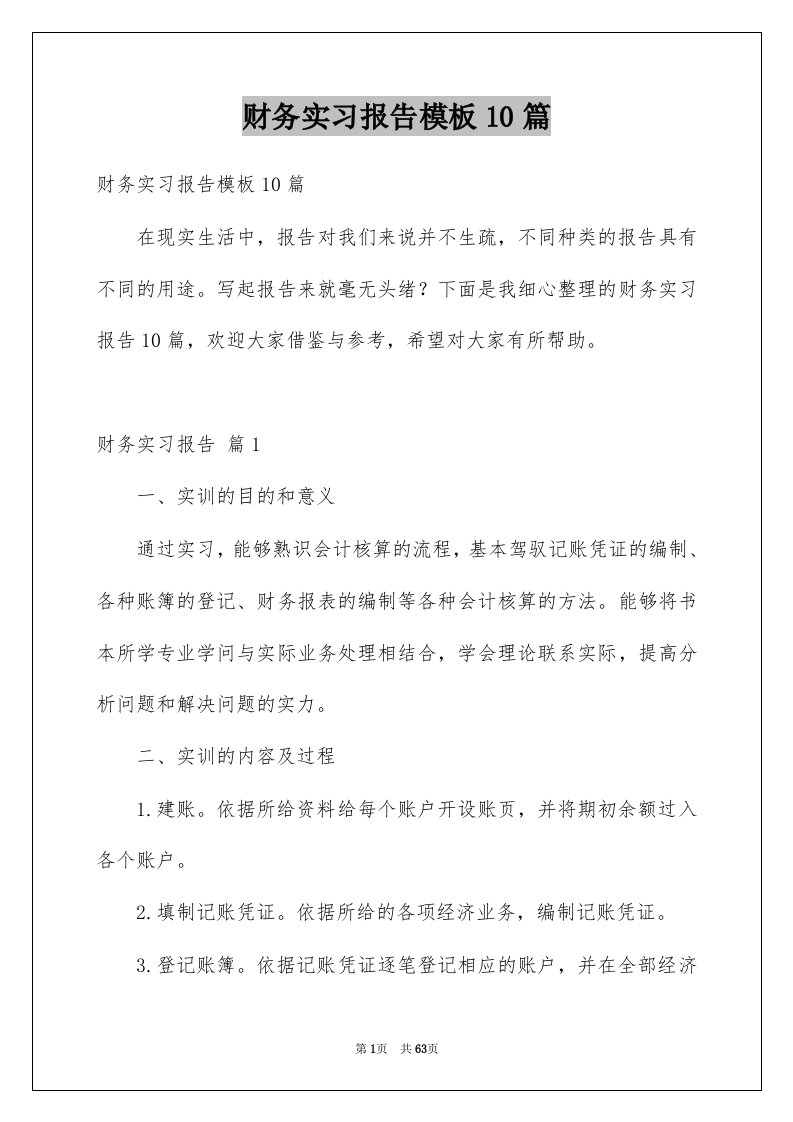 财务实习报告模板10篇例文