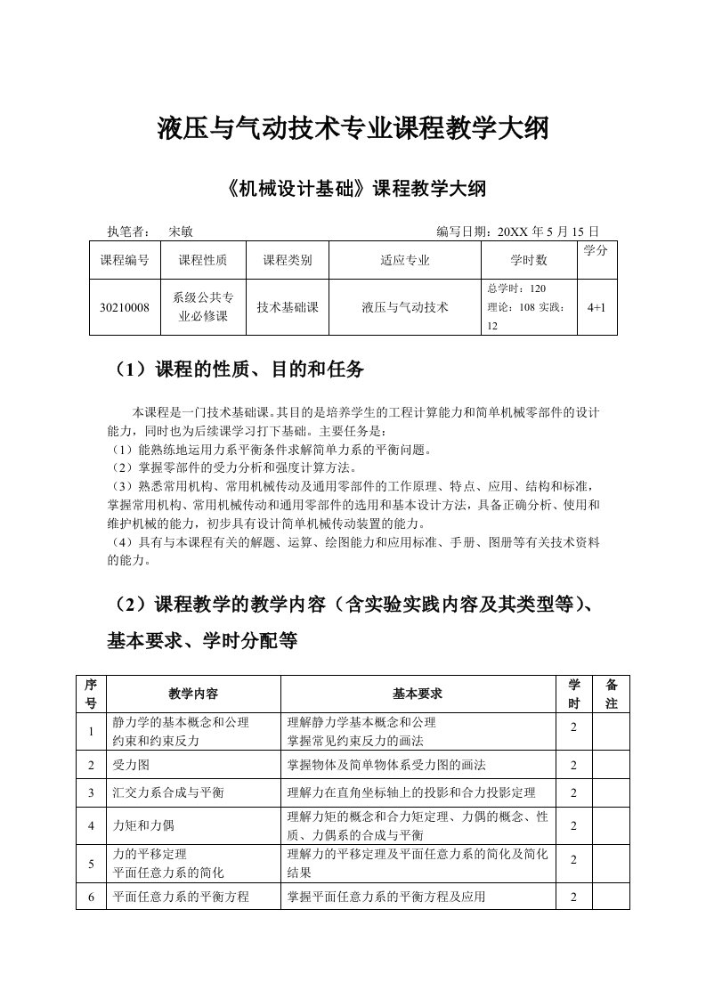 机械行业-课程教学大纲机械设计基础液压专业