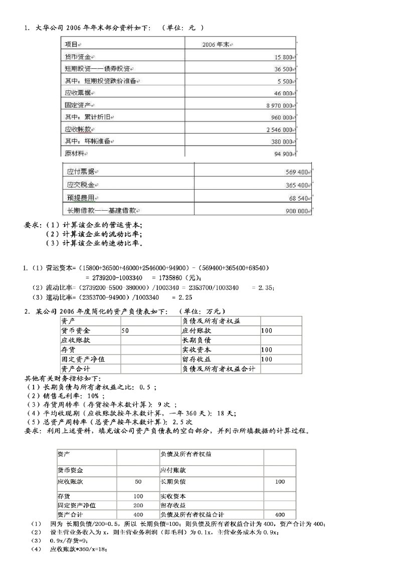 财务报表分析案例与计算分析题