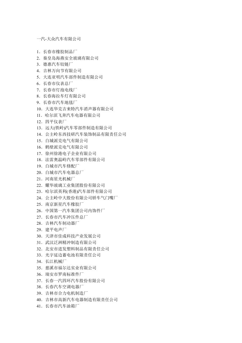 中国汽车主机厂配套企业最新