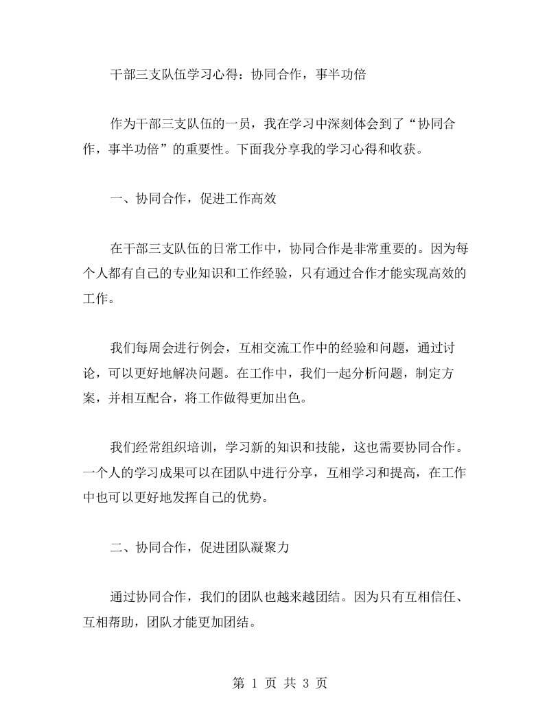 干部三支队伍学习心得：协同合作，事半功倍