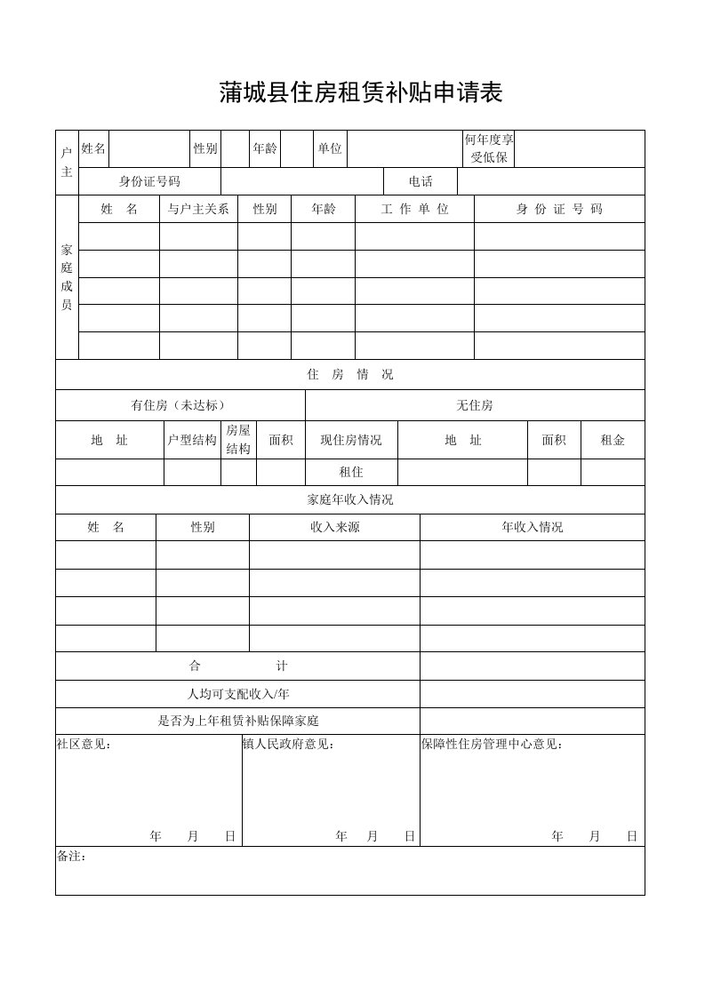 蒲城住房租赁补贴申请表