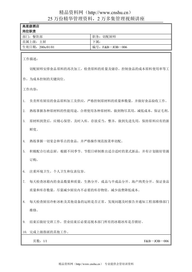 高星级酒店餐饮部切配厨师岗位职责