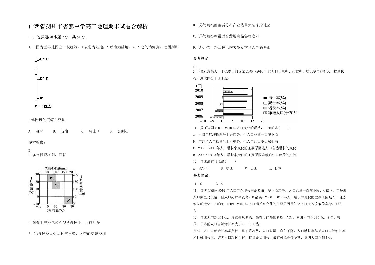 山西省朔州市杏寨中学高三地理期末试卷含解析