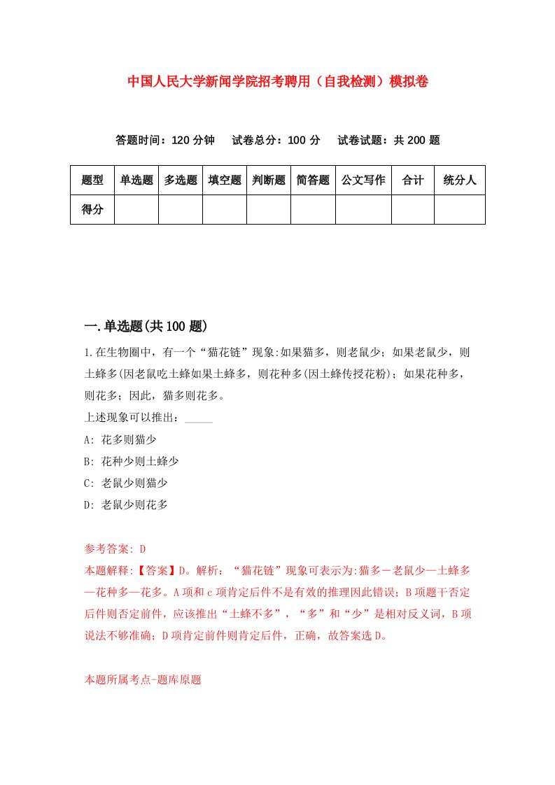 中国人民大学新闻学院招考聘用自我检测模拟卷第6期