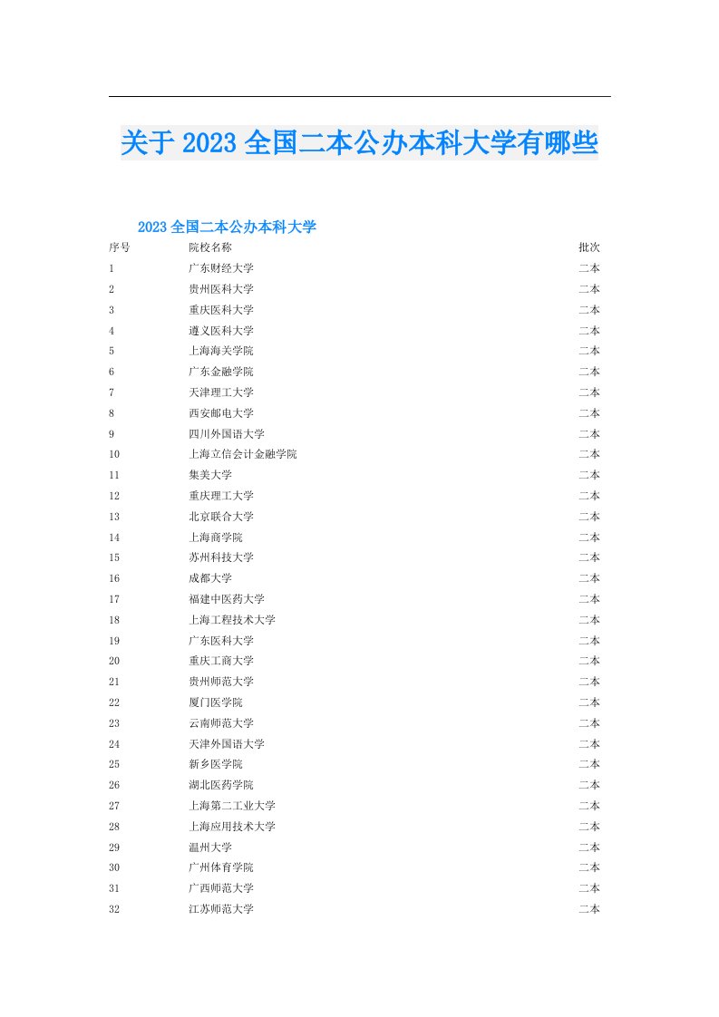 关于全国二本公办本科大学有哪些