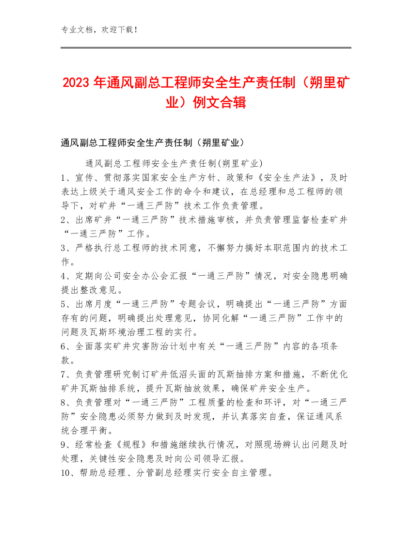 2023年通风副总工程师安全生产责任制（朔里矿业）例文合辑