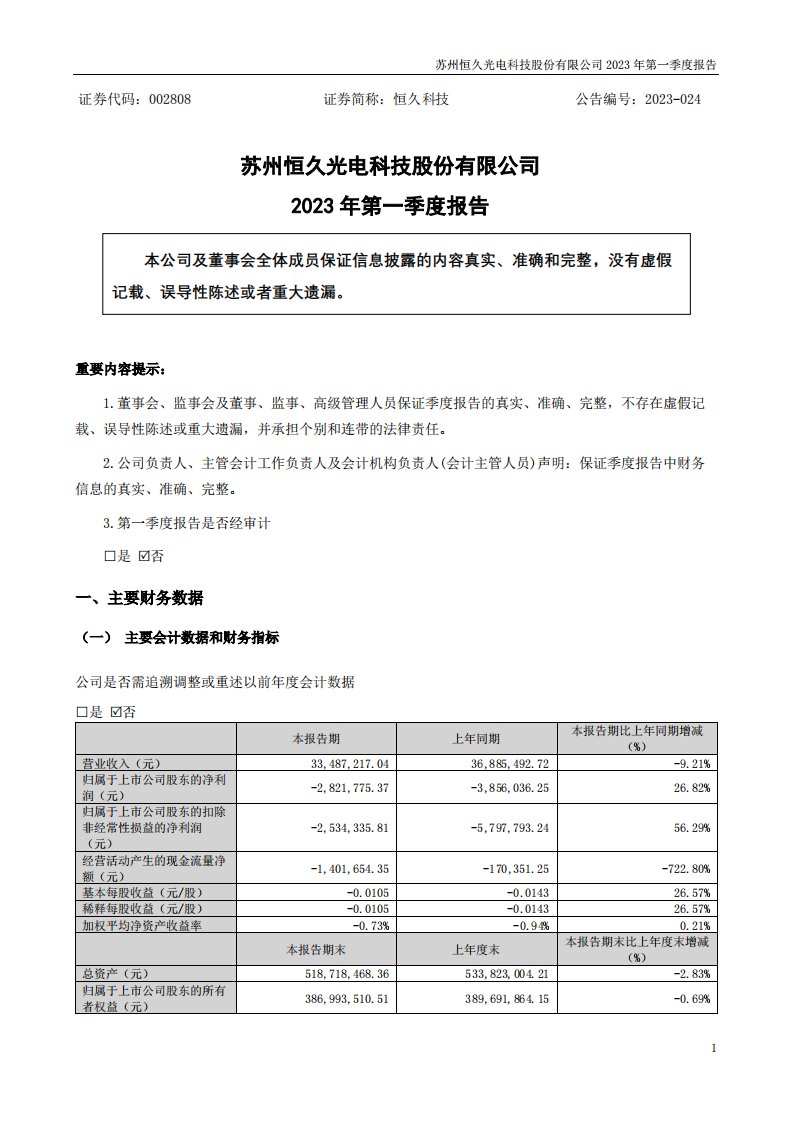 深交所-恒久科技：2023年一季度报告-20230429