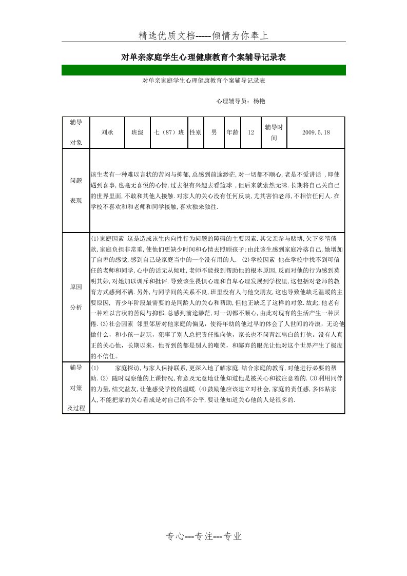 对单亲家庭学生心理健康教育个案辅导记录表(共1页)