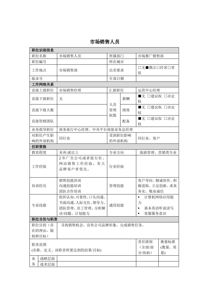 推荐-市场销售人员岗位说明书