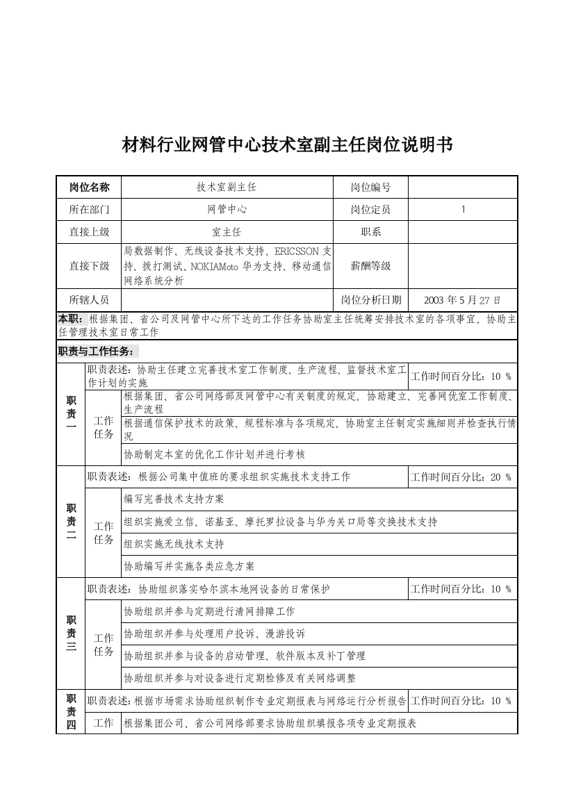 材料行业网管中心技术室副主任岗位说明书