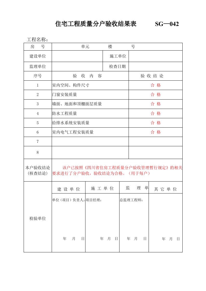 最新分户验收所有表格