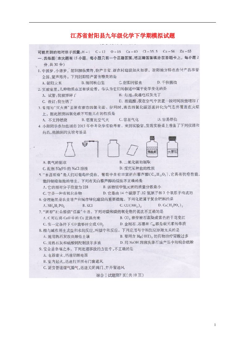 江苏省射阳县九级化学下学期模拟试题（扫描版）