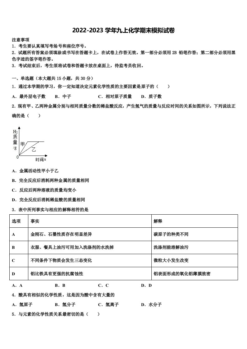 河北省高碑店市2022年九年级化学第一学期期末联考模拟试题含解析