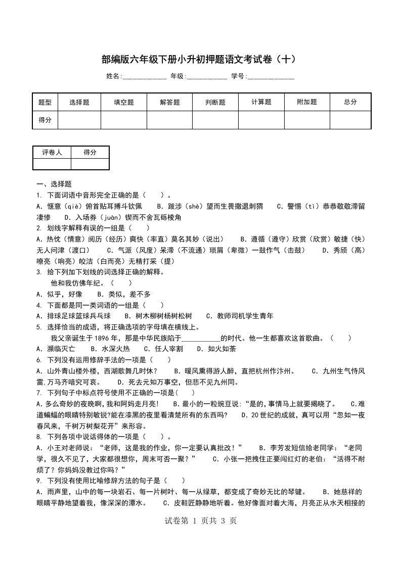 部编版六年级下册小升初押题语文考试卷十