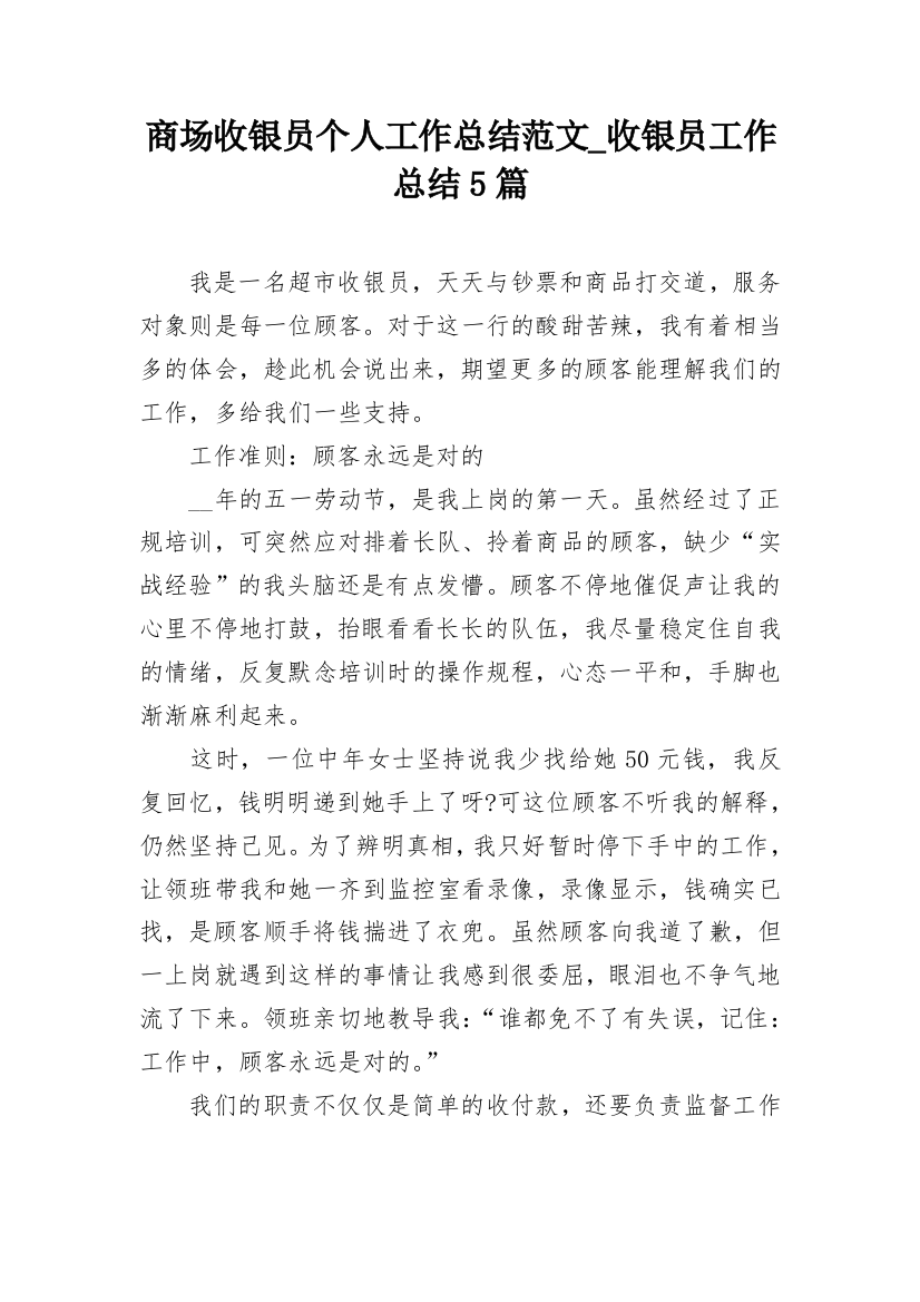 商场收银员个人工作总结范文_收银员工作总结5篇