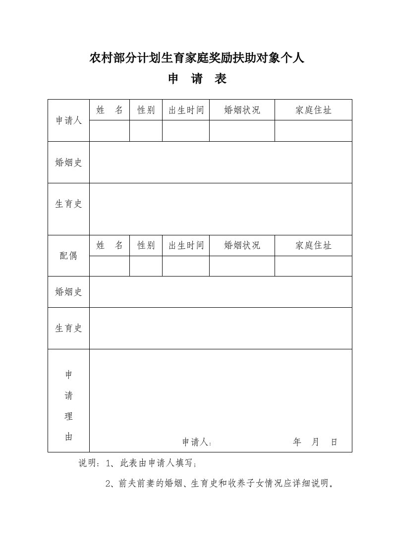 河南省农村部分计划生育家庭奖励扶助对象个人申请表