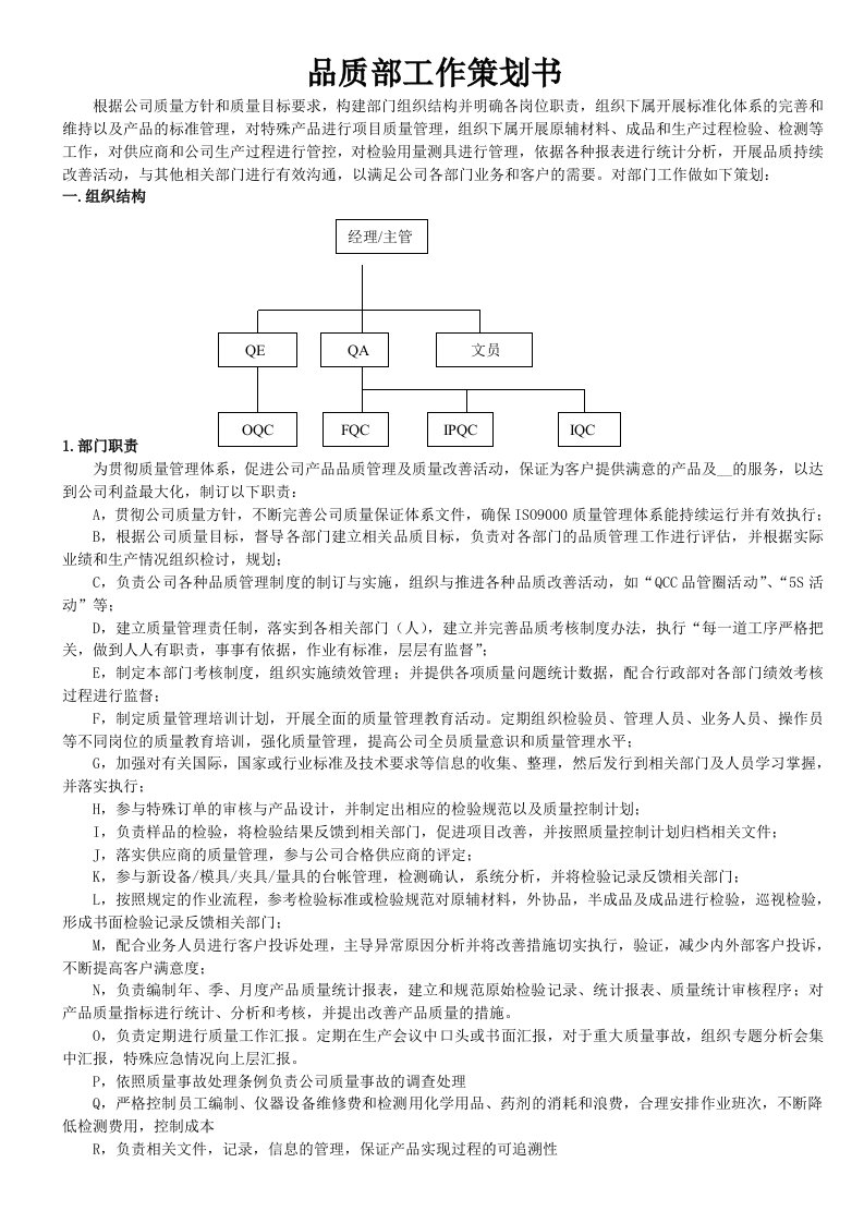 品质部工作策划书