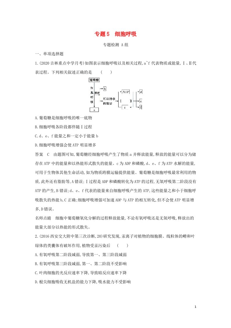 江苏专用2022版高考生物一轮复习专题5细胞呼吸专题检测含解析